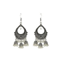 Oxidised Jhumkas with White beads