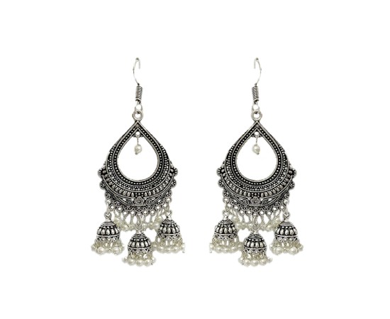 Oxidised Jhumkas with White beads