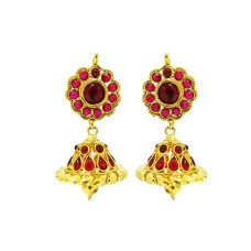 Gold plated jhumka with sunflower red stones