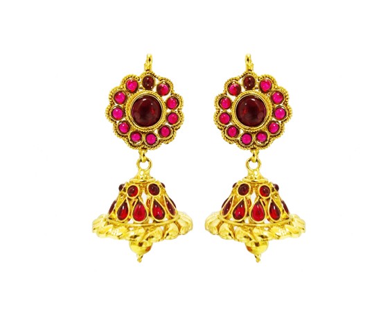 Gold plated jhumka with sunflower red stones