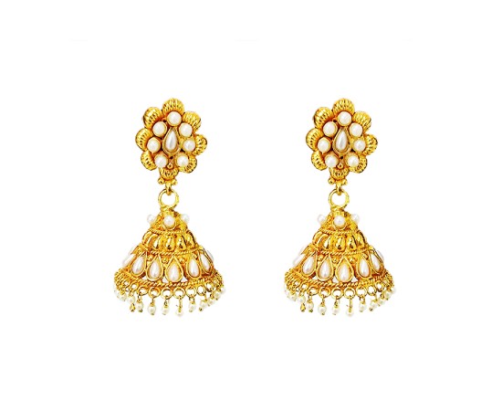 Gold plated jhumka with flower white stone