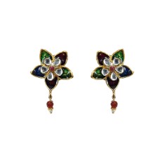 Gold plated drops flower design with green and red blue stones