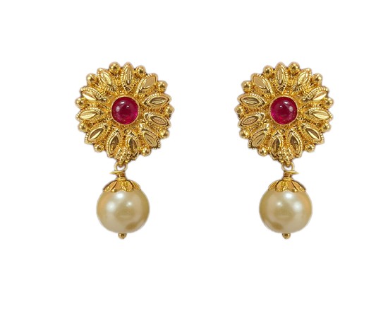Gold plated drops sun flower design with pink stone white bead