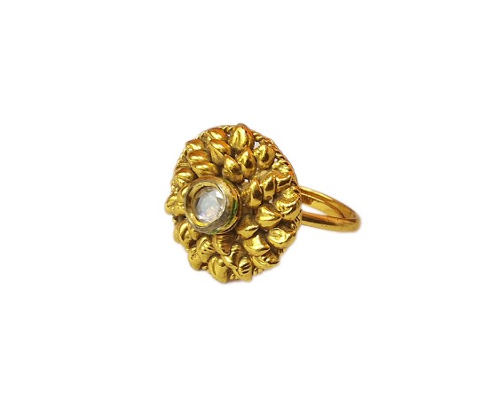 Gold plated leaf design ring with white stone