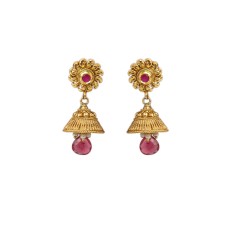 Gold plated sun flower design jhumka with red stone and bead