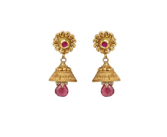 Gold plated sun flower design jhumka with red stone and bead