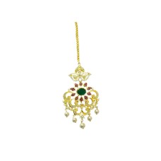 Gold plated maang tikka peacock  with white stones and pearl 