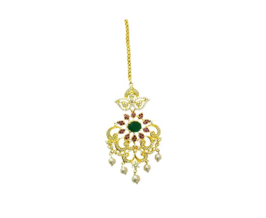Gold plated maang tikka peacock  with white stones and pearl 
