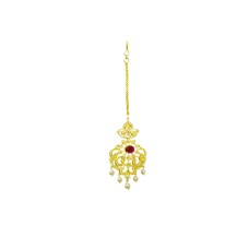 Gold Plated Maang Tikka Pink stones with White Bead