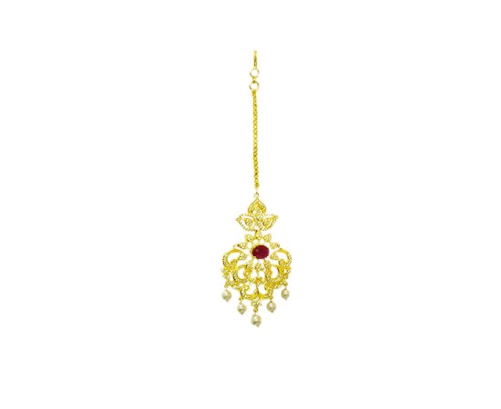 Gold Plated Maang Tikka Pink stones with White Bead