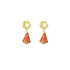 Gold Plated Sun Flower Design with White pearl Red Drop