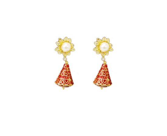Gold Plated Sun Flower Design with White pearl Red Drop