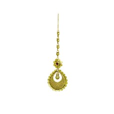 Gold plated maang tikka with oval flower red stone