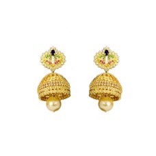 Gold plated bell jhumka with double peacock blue stone
