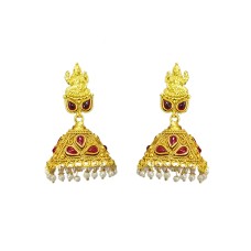 Gold plated lakshmi jhumka with red stone and white pearls