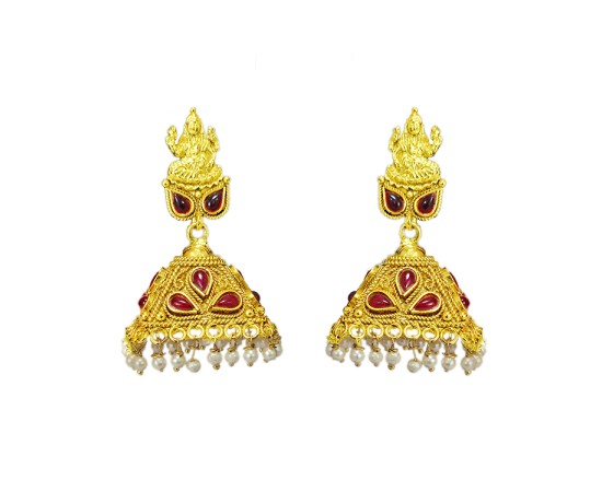 Gold plated lakshmi jhumka with red stone and white pearls