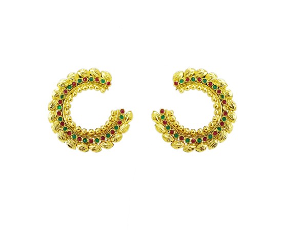 Gold plated round leaf design stud with red and green stone