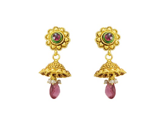 Gold plated jhumka with flower red stone and bead