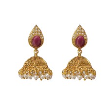 Gold plated jhumka with leaf design red stone with white pearls