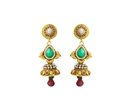 Gold plated double layer jhumka with with round and flower design
