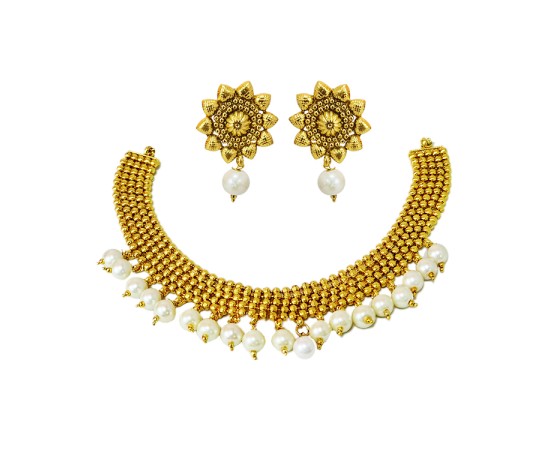 Gold plated sequence chocker necklace with white pearls