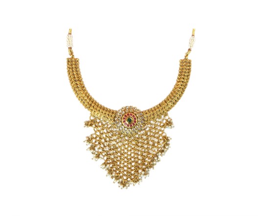 Gold plated torque design necklace with pink stone