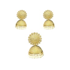 Gold plated jhumka dollar set with white pearls