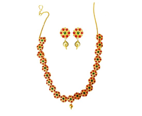 Gold plated choker necklace flower design red stone with gold bead