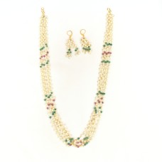 Gold plated five layer chain with white pearls red and green beads 