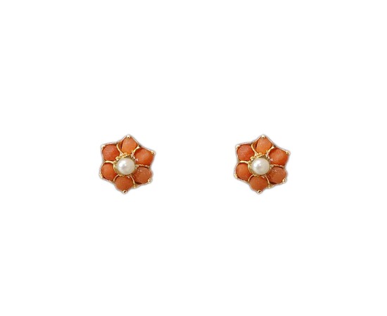 Gold plated flower stud with orange and white beads