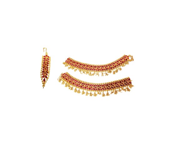 Gold plated matha patti leaf design coverd red stones