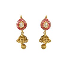Gold plated jhumka pink whith white stones and gold pearl