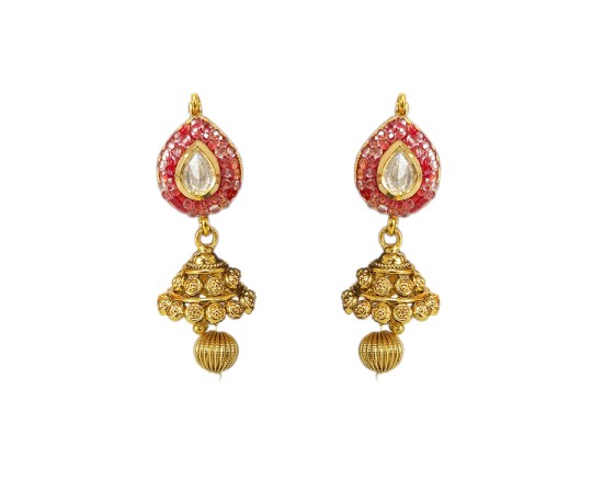Gold plated jhumka pink whith white stones and gold pearl
