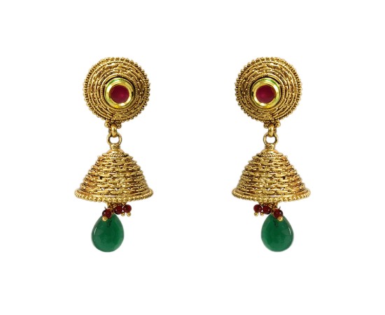 Gold plated jhumka red stone green bead 