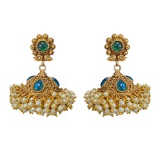 Gold plated jhumka with blue stones manga design white pearls