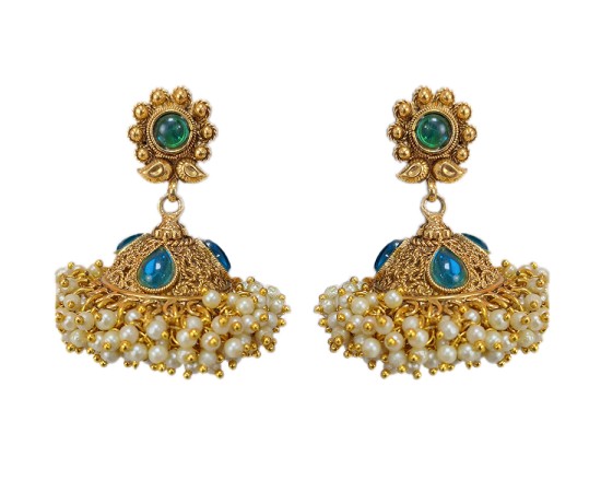 Gold plated jhumka with blue stones manga design white pearls