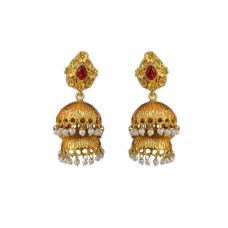 Gold Plated Jhumka Red stones With White beads