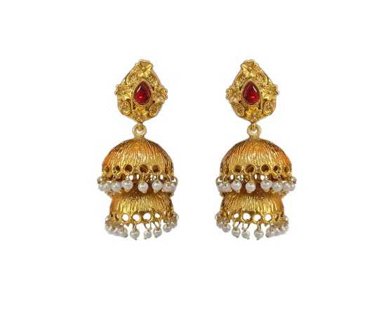 Gold Plated Jhumka Red stones With White beads