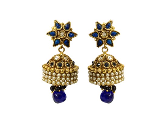 Gold plated jhumka with flower blue stone and white pearl