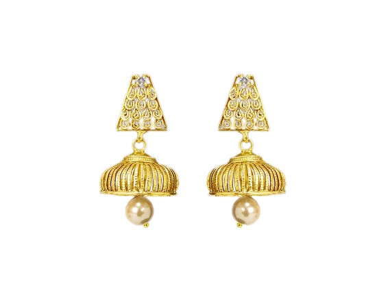 Gold plated jhumka with pattern and pearl
