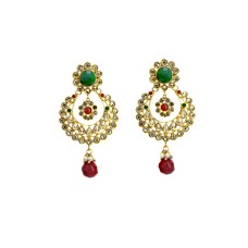 Gold Plated Drops White and Green Stone with Red Pearl