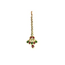 Gold plated maang tikka peacock feather design with pink green and white stone