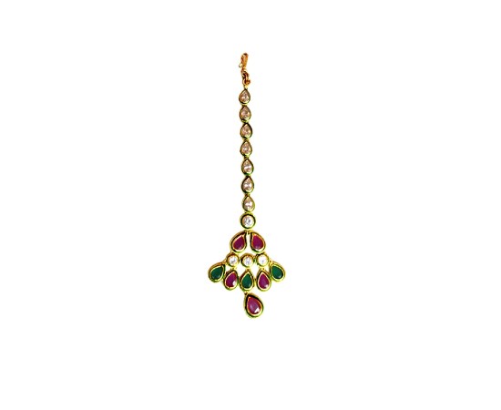 Gold plated maang tikka peacock feather design with pink green and white stone