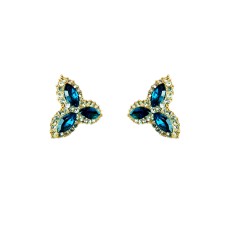 Gold plated triple leaf stud with blue and white stone