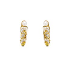 Gold plated three layer stud with white stone and pearls