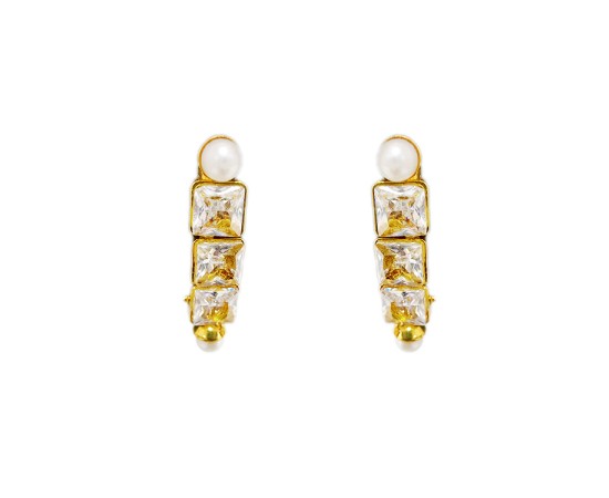 Gold plated three layer stud with white stone and pearls