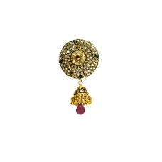 Gold plated saree pin with round white and green stone
