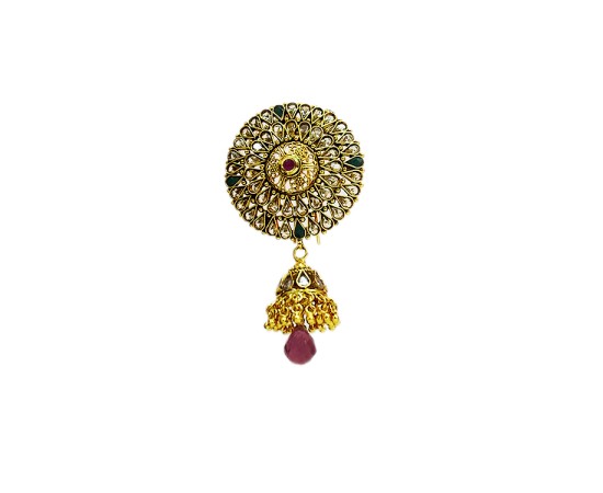 Gold plated saree pin with round white and green stone