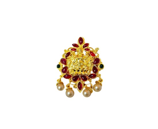 Gold plated dollar lakshmi design with covered red stone white pearl