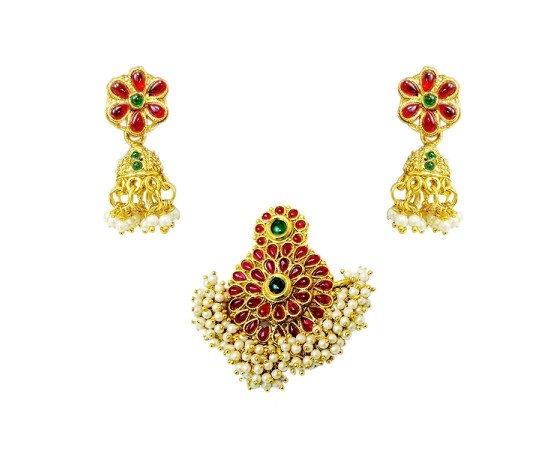 Gold plated dollar flower design with red stone white pearls